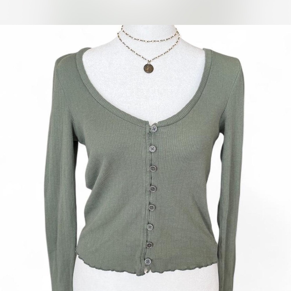Olive Green Ribbed Button-Up - Picture 4 of 7
